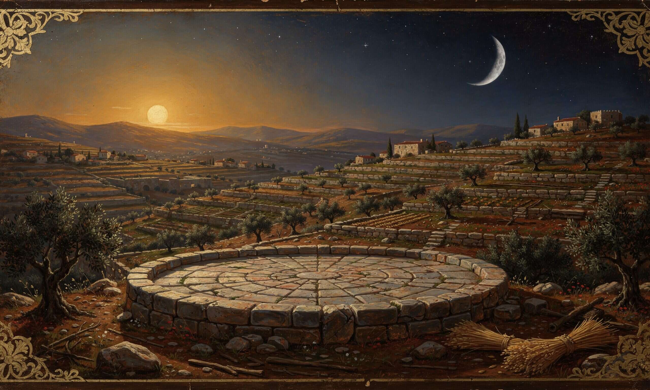An Iron-Age threshing floor at dusk — the sun setting and a crescent moon rising over terraced fields, the appointed seasons turning.