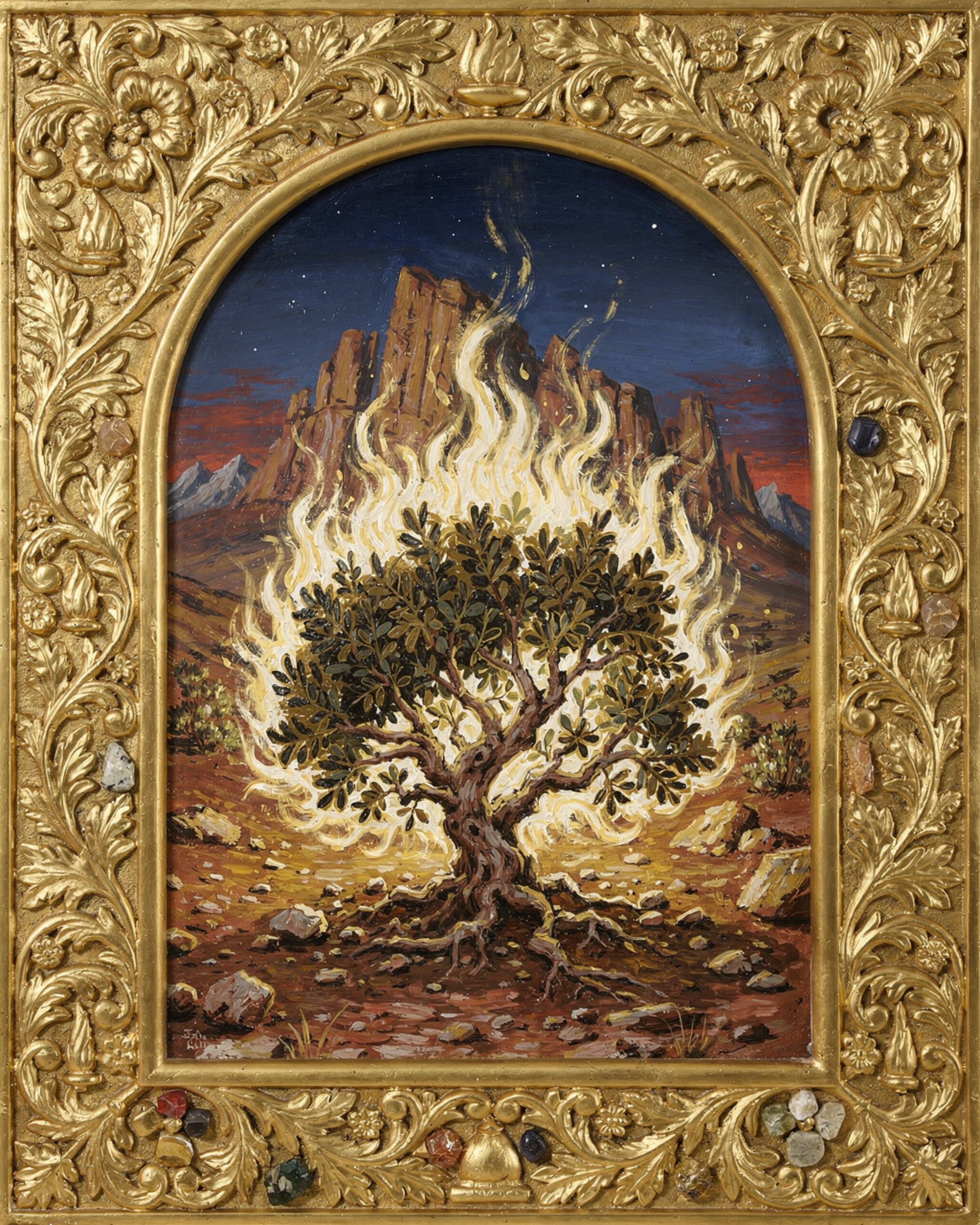 The burning bush below a mountain — illuminated manuscript portrait of the Father's voice from the fire.