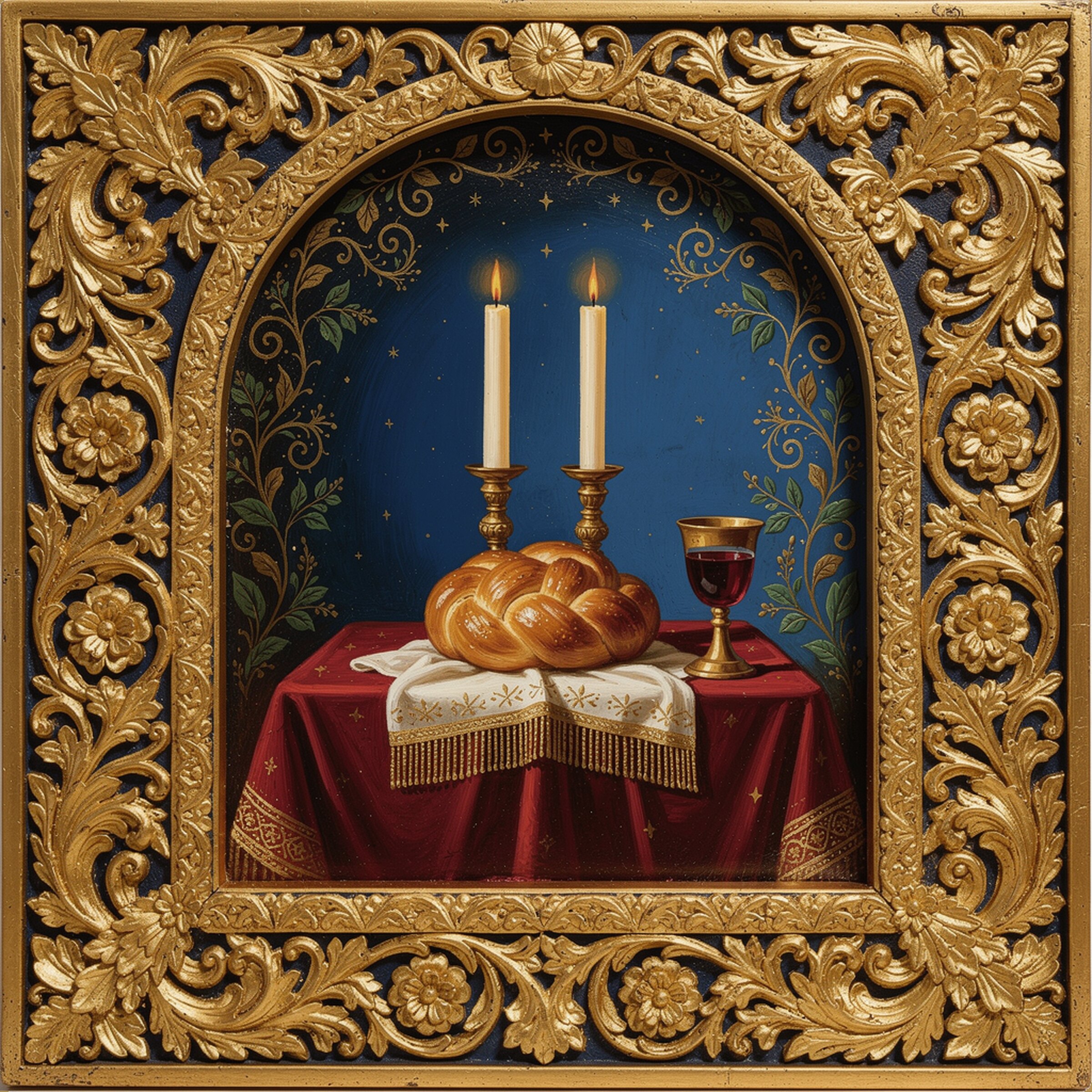 Illuminated-manuscript hero of Shabbat — two lit candles, braided challah and wine on a draped table, gold floral frame.