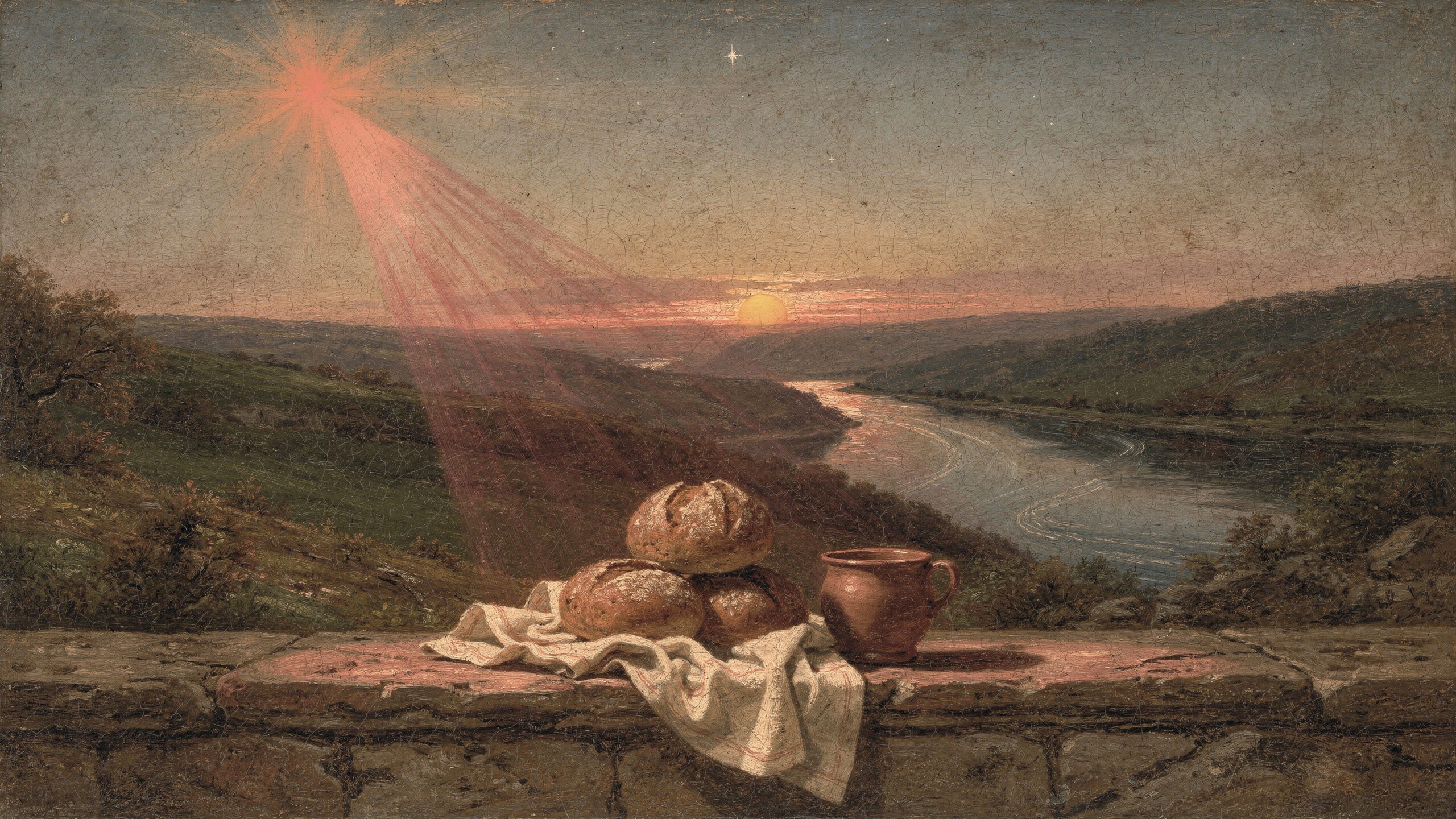 A low stone ledge at sundown as the seventh day begins: three loaves on a linen cloth and a clay jug stand in the crimson light of the Bright and Morning Star, the Jordan winding through the valley below and the sun on the horizon.