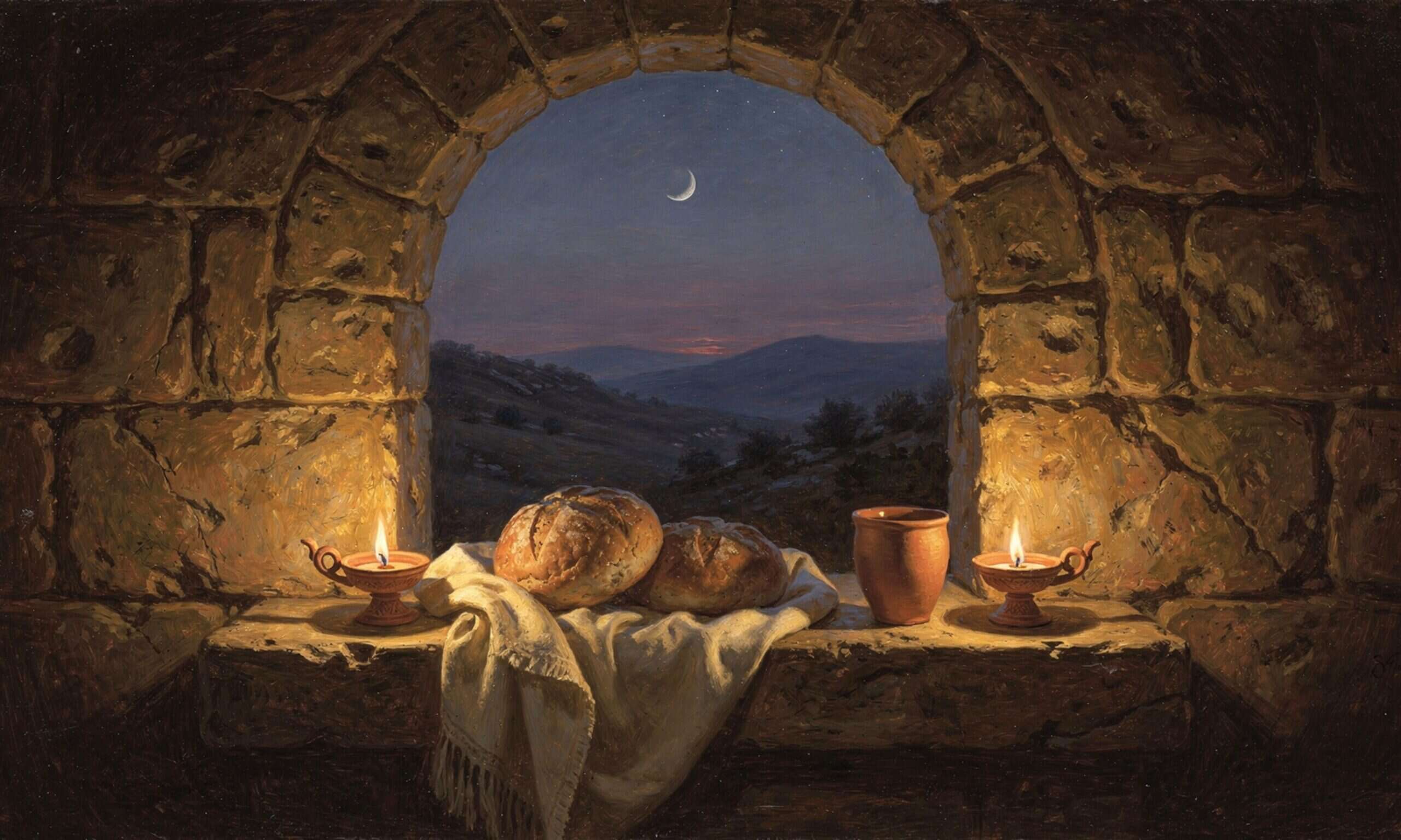 An ancient arched stone window at twilight — a crescent moon over the hills, and on the sill two clay oil lamps, a terracotta cup and two loaves under a cream cloth, set for the seventh day.
