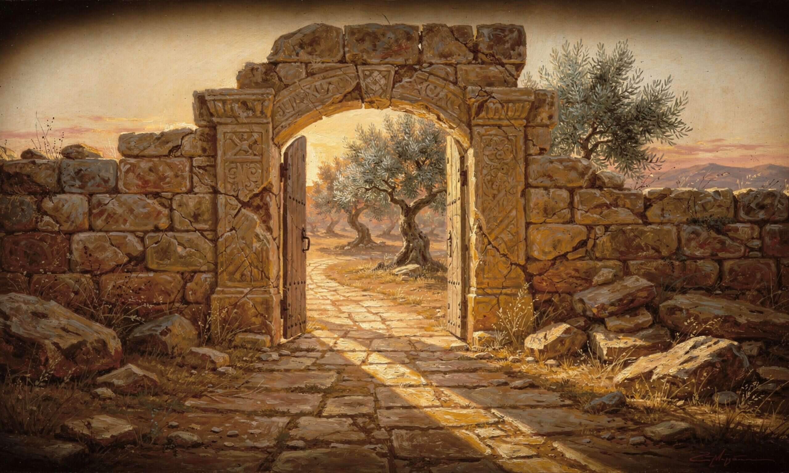 A stone gateway on an ancient path at dawn, golden light pouring through — the Way to the Father.