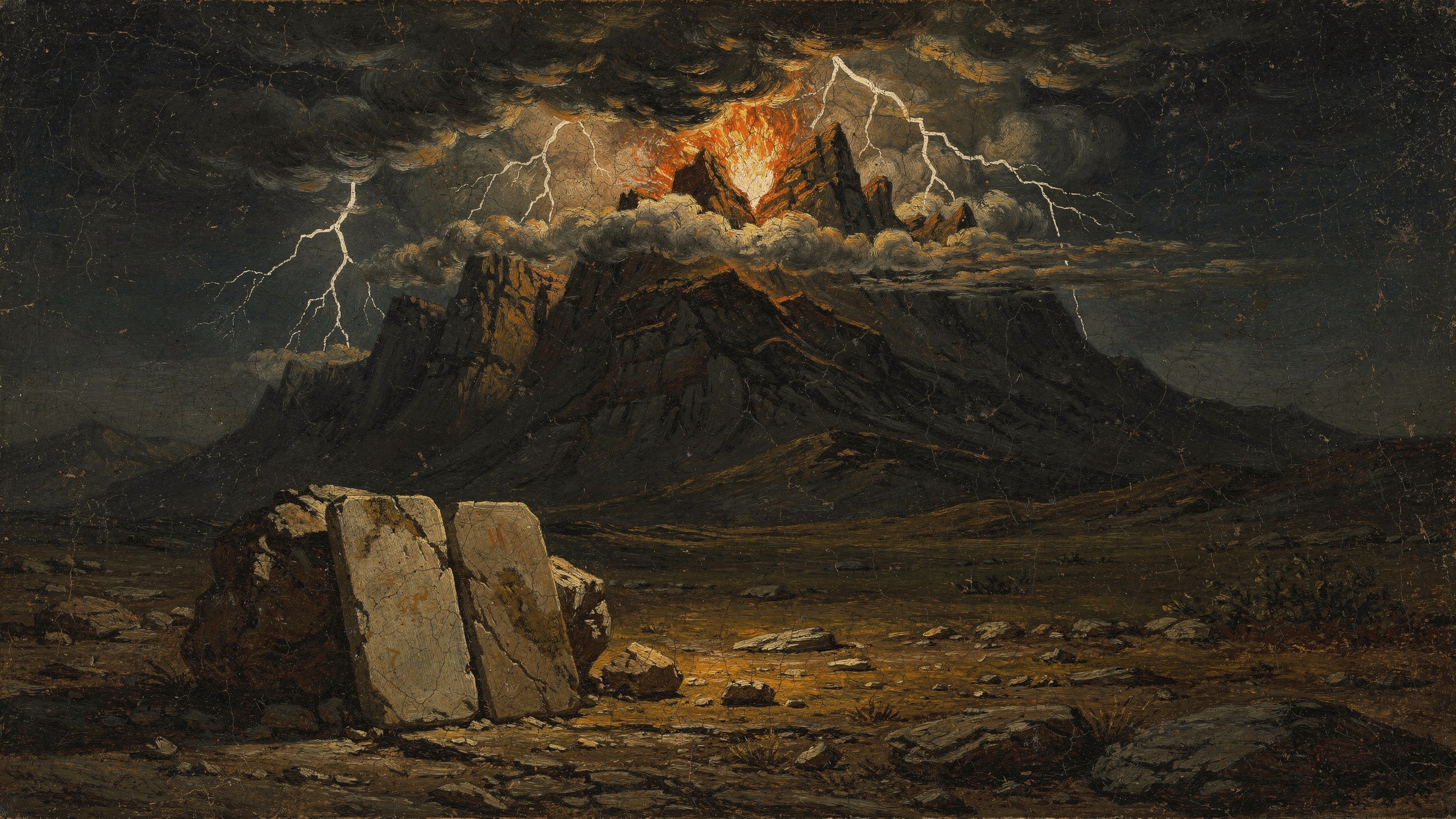 Mount Sinai at night, its summit ablaze with fire and wrapped in storm cloud, lightning forking through the sky, and two stone tablets resting against a rock at its foot