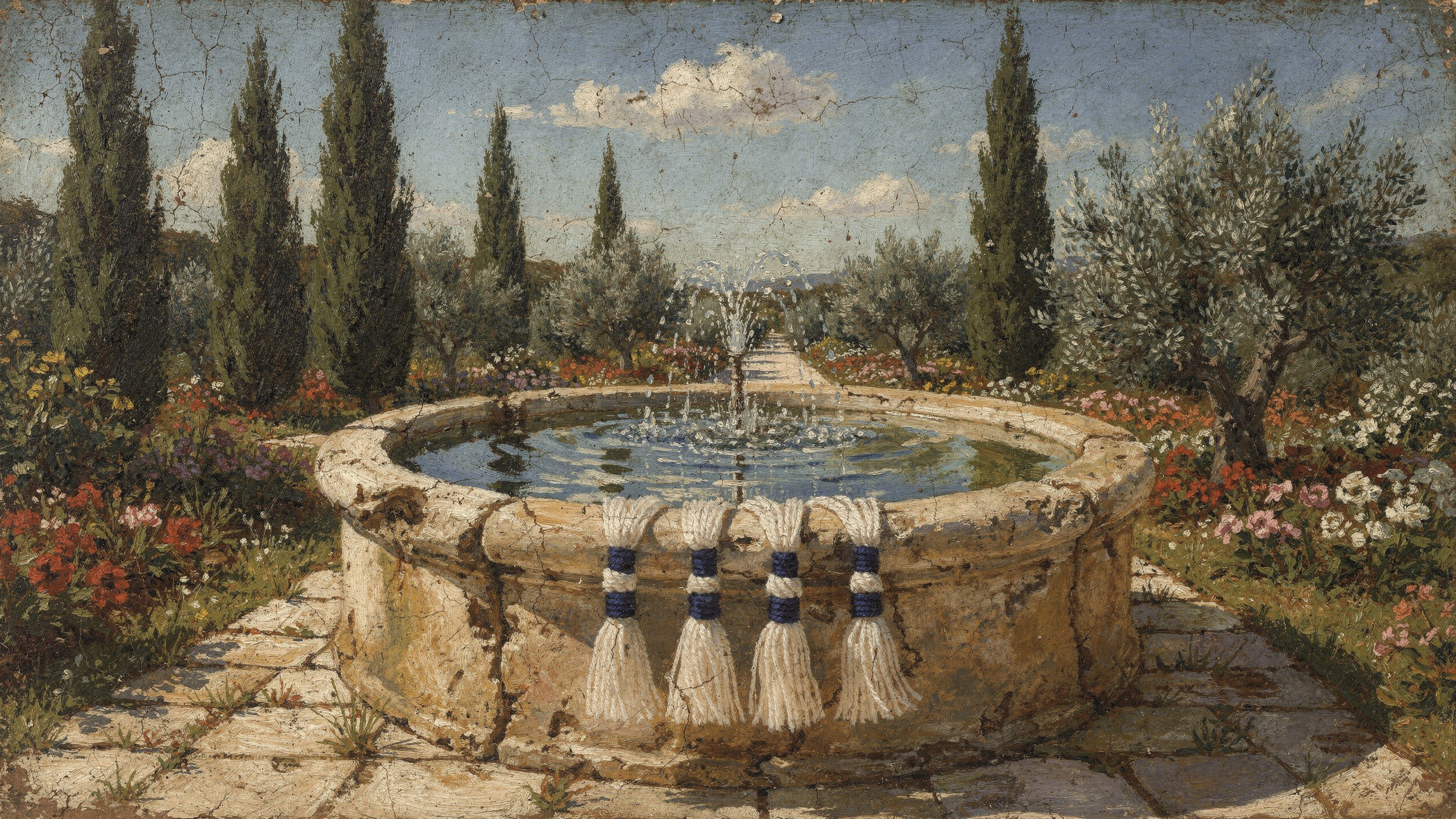 Four white tassels, each with a thread of blue, hanging over the rim of a round stone fountain in a sunlit garden of cypress, olive trees and flowers